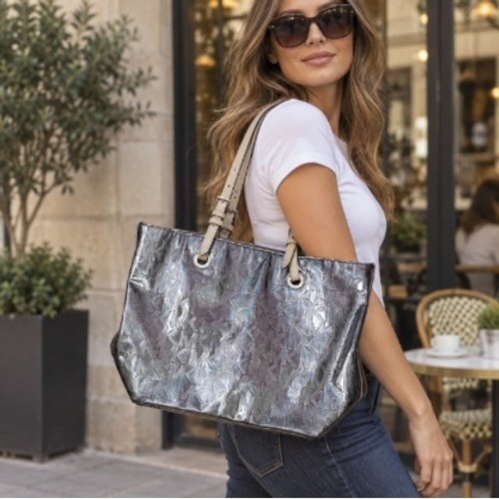 Michael Kors Metallic Silver Monogram Tote Bag Large Pewter MK Logo Shoulder Bag